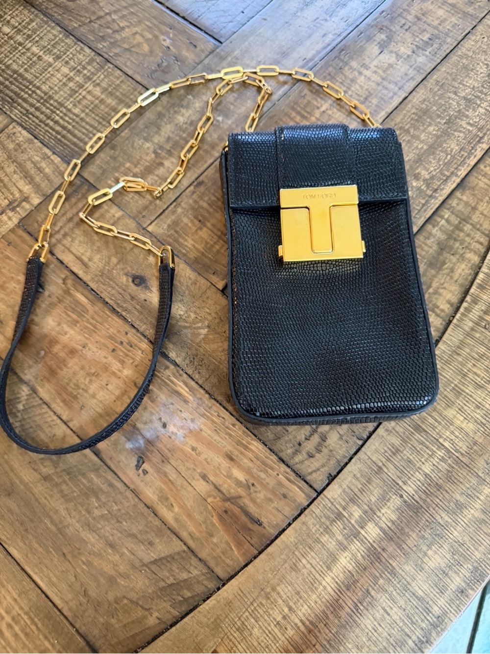 Tom Ford Black Textured Leather Phone Pouch with Gold Chain Strap